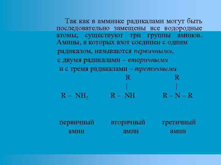 Так как в аммиаке радикалами могут быть последовательно замещены все водородные атомы, существуют три