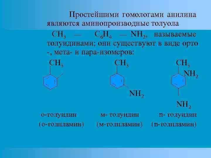 Простейшими гомологами анилина являются аминопроизводные толуола CH 3 C 6 H 4 NH 2,