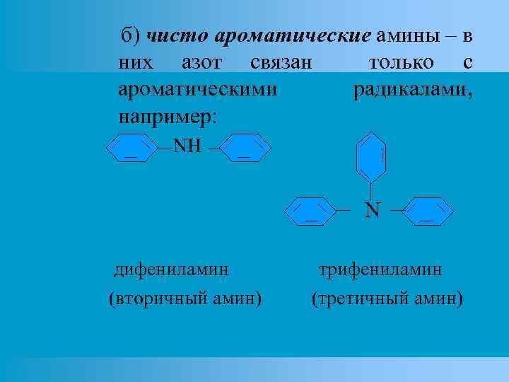 б) чисто ароматические амины – в них азот связан только с ароматическими радикалами, например: