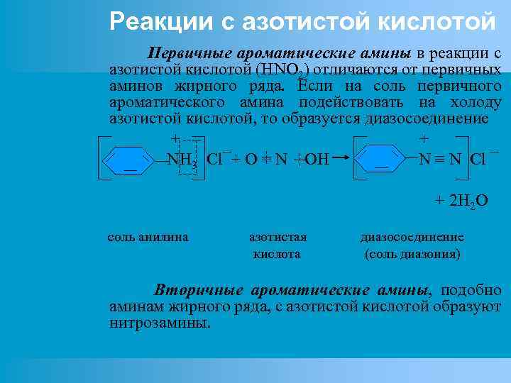 Реакции с азотистой кислотой Первичные ароматические амины в реакции с азотистой кислотой (HNO 2)