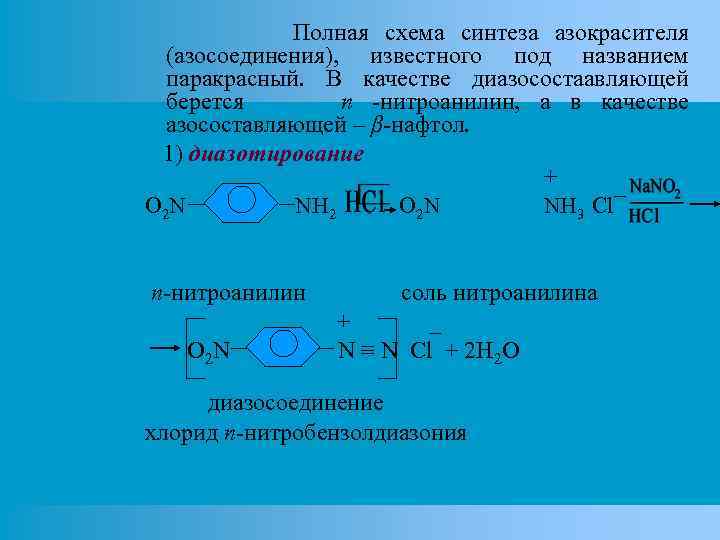 Полная схема синтеза азокрасителя (азосоединения), известного под названием паракрасный. В качестве диазосостаавляющей берется n