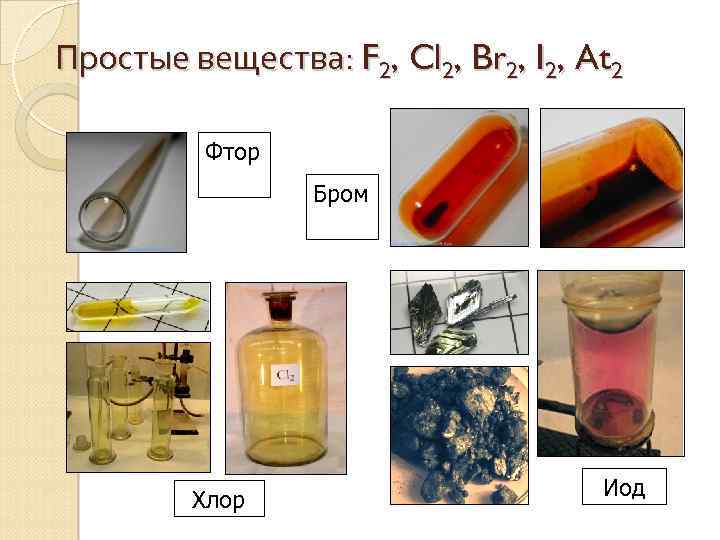 Простые вещества: F 2, Cl 2, Br 2, I 2, At 2 Фтор Бром