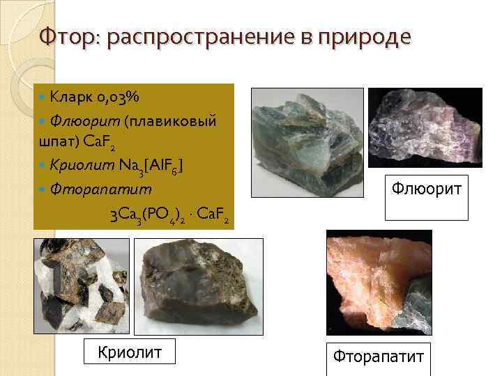 Фтор: распространение в природе Кларк 0, 03% Флюорит (плавиковый шпат) Ca. F 2 Криолит