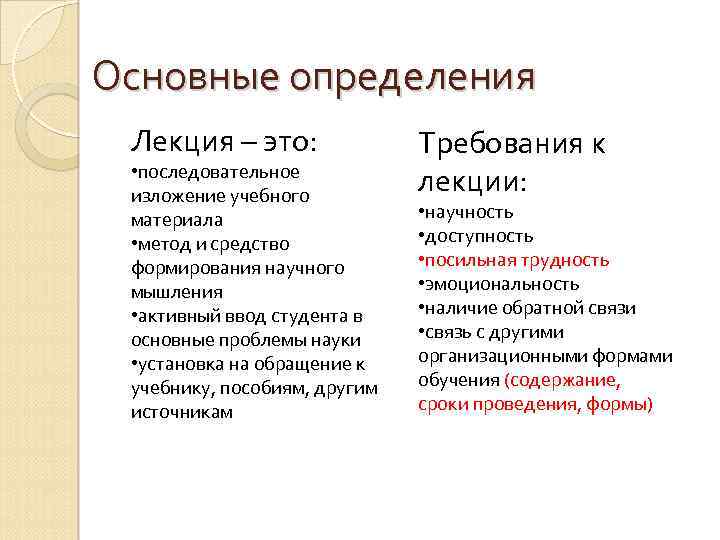 Основные определения Лекция – это: • последовательное изложение учебного материала • метод и средство