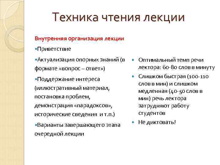 Техника чтения лекции Внутренняя организация лекции Приветствие Актуализация опорных знаний (в формате «вопрос –