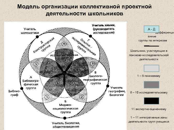 Модель организации коллективной проектной деятельности школьников А-Д Дифференцир анные группы по интересам Школьники, участвующие