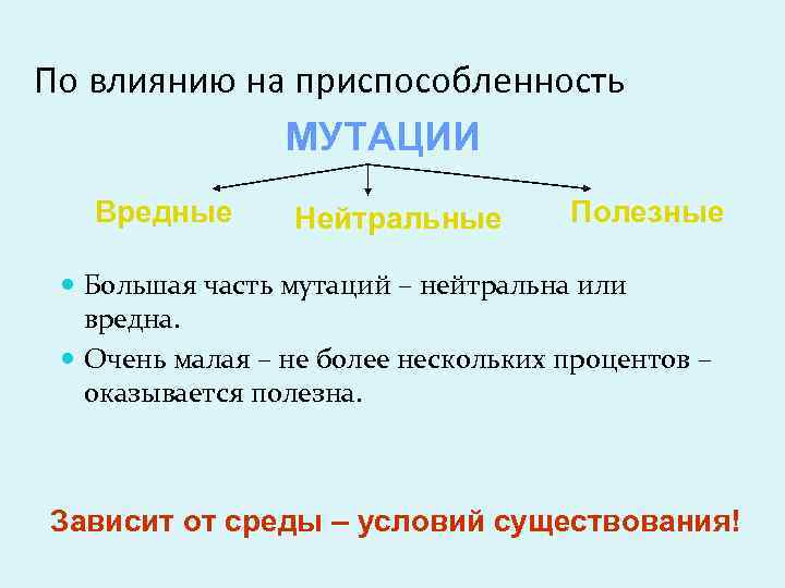По влиянию на приспособленность МУТАЦИИ Вредные Нейтральные Полезные Большая часть мутаций – нейтральна или