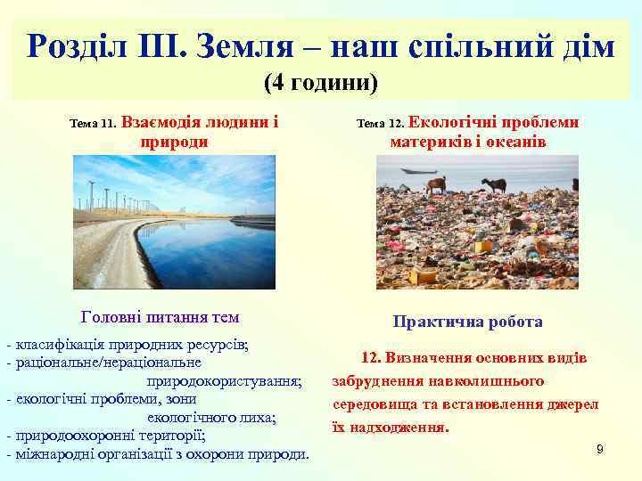 Розділ III. Земля – наш спільний дім (4 години) Тема 11. Взаємодія людини і