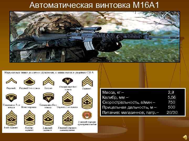 Автоматическая винтовка М 16 А 1 Масса, кг – 2, 9 Калибр, мм –