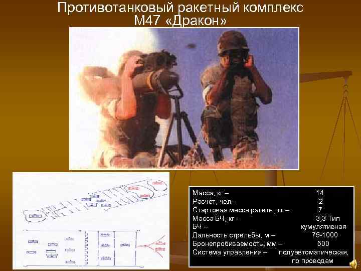 Противотанковый ракетный комплекс М 47 «Дракон» Масса, кг – 14 Расчёт, чел. - 2