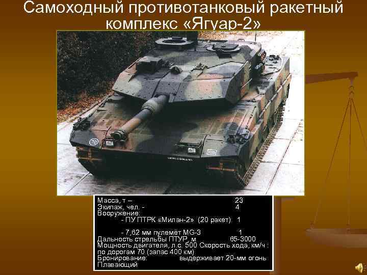 Самоходный противотанковый ракетный комплекс «Ягуар-2» Масса, т – 23 Экипаж, чел. - 4 Вооружение: