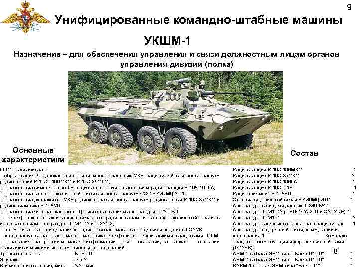9 Унифицированные командно-штабные машины УКШМ-1 Назначение – для обеспечения управления и связи должностным лицам