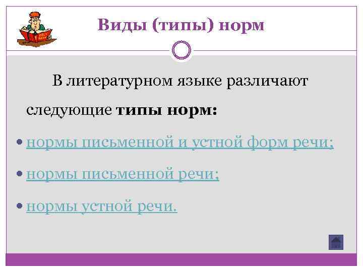 Виды (типы) норм В литературном языке различают следующие типы норм: нормы письменной и устной