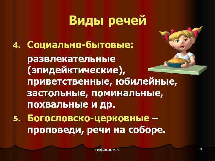 Виды речей Социально-бытовые: развлекательные (эпидейктические), приветственные, юбилейные, застольные, поминальные, похвальные и др. 5. Богословско-церковные