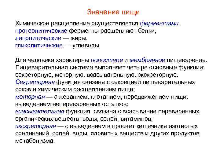 Значение пищи Химическое расщепление осуществляется ферментами, протеолитические ферменты расщепляют белки, липолитические — жиры, гликолитические
