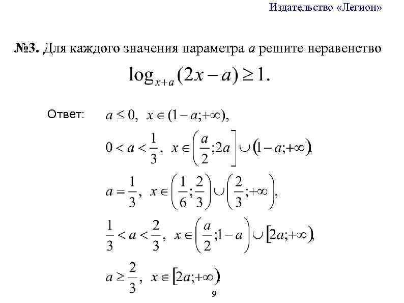 Издательство «Легион» № 3. Для каждого значения параметра a решите неравенство Ответ: 9 