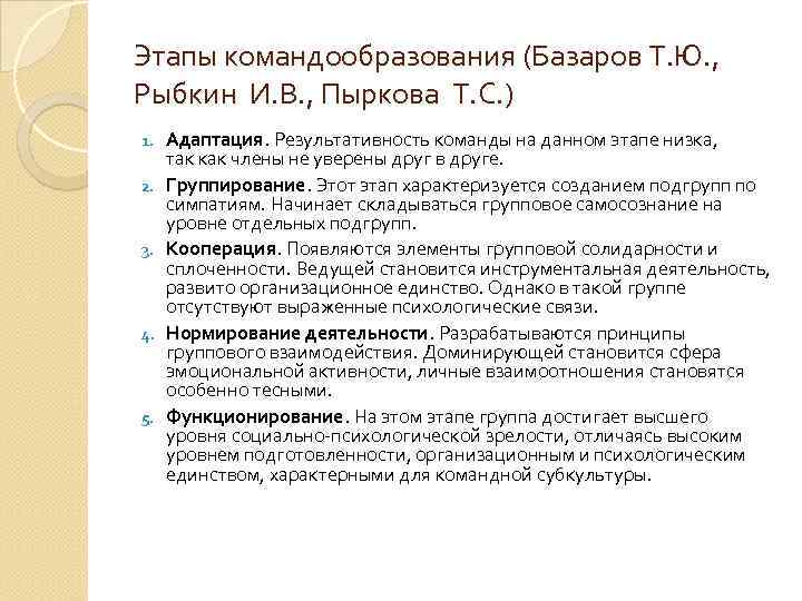 Этапы командообразования (Базаров Т. Ю. , Рыбкин И. В. , Пыркова Т. С. )
