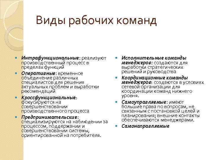 Виды рабочих команд Интрафункциональные: реализуют производственный процесс в пределах функций Оперативные: временное объединение различных