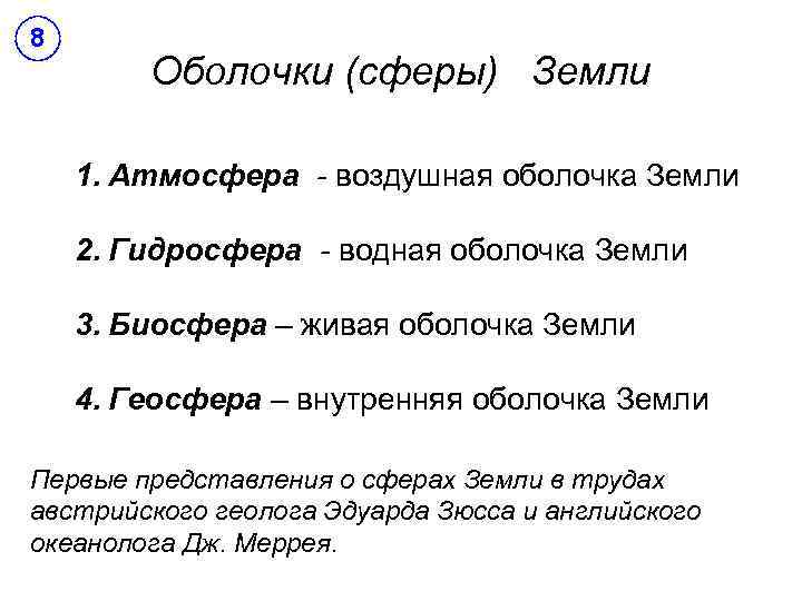 8 Оболочки (сферы) Земли 1. Атмосфера - воздушная оболочка Земли 2. Гидросфера - водная