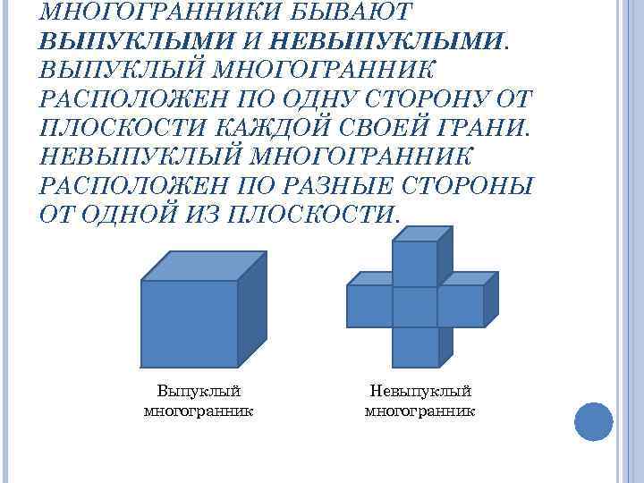 МНОГОГРАННИКИ БЫВАЮТ ВЫПУКЛЫМИ И НЕВЫПУКЛЫМИ. ВЫПУКЛЫЙ МНОГОГРАННИК РАСПОЛОЖЕН ПО ОДНУ СТОРОНУ ОТ ПЛОСКОСТИ КАЖДОЙ
