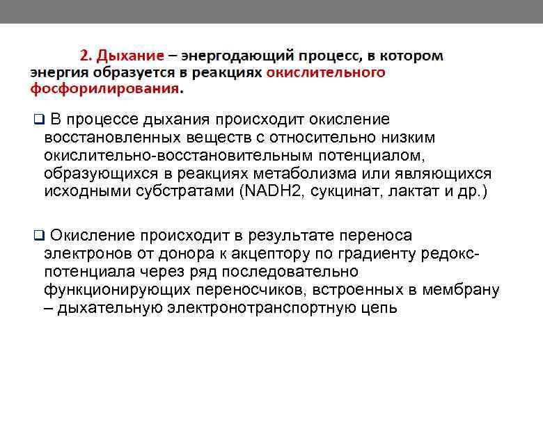 q В процессе дыхания происходит окисление восстановленных веществ с относительно низким окислительно восстановительным потенциалом,