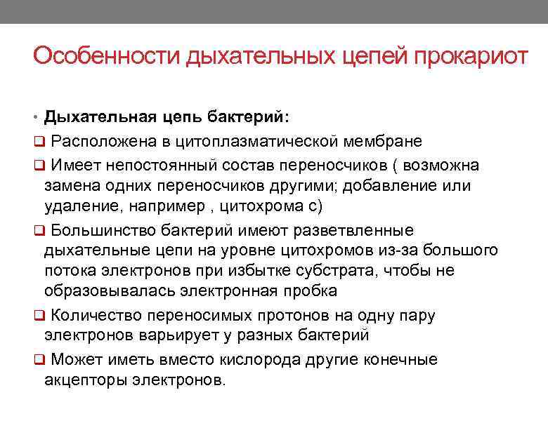 Особенности дыхательных цепей прокариот • Дыхательная цепь бактерий: q Расположена в цитоплазматической мембране q