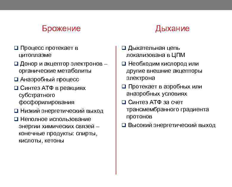 Брожение Дыхание q Процесс протекает в q Дыхательная цепь цитоплазме q Донор и акцептор