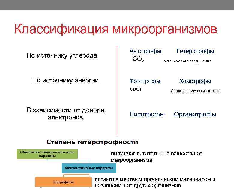 Классификация микроорганизмов По источнику углерода По источнику энергии В зависимости от донора электронов Автотрофы