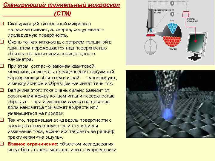  Сканирующий туннельный микроскоп (СТМ) q Сканирующий туннельный микроскоп не рассматривает, а, скорее, «ощупывает»