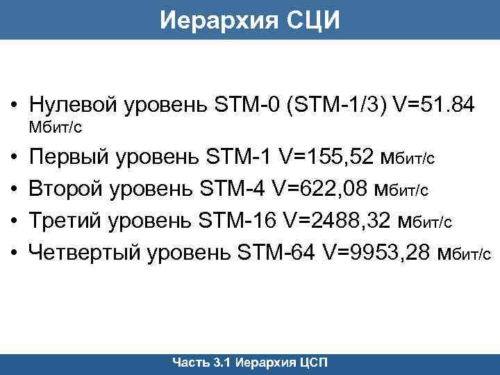 Иерархия СЦИ • Нулевой уровень STM-0 (STM-1/3) V=51. 84 Мбит/с • • Первый уровень