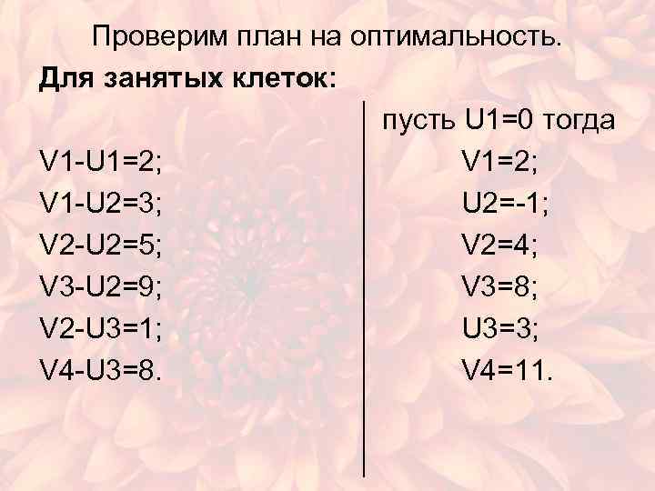 Проверим план на оптимальность. Для занятых клеток: пусть U 1=0 тогда V 1 -U