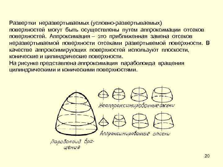 Развертки неразвертываемых (условно-развертываемых) поверхностей могут быть осуществлены путем аппроксимации отсеков поверхностей. Аппроксимация – это