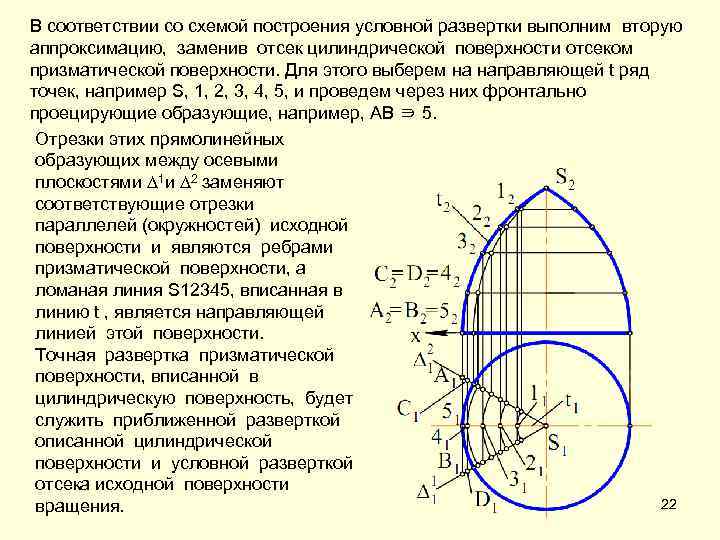 В соответствии со схемой построения условной развертки выполним вторую аппроксимацию, заменив отсек цилиндрической поверхности