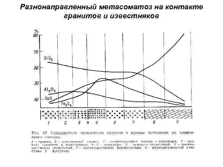 Разнонаправленный метасоматоз на контакте гранитов и известняков 
