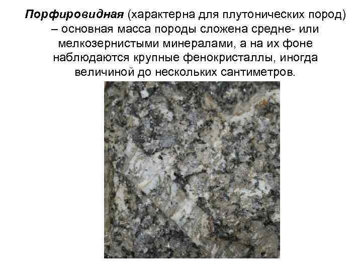 Порфировидная (характерна для плутонических пород) – основная масса породы сложена средне- или мелкозернистыми минералами,