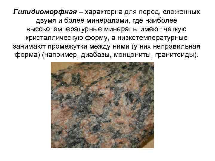 Гипидиоморфная – характерна для пород, сложенных двумя и более минералами, где наиболее высокотемпературные минералы