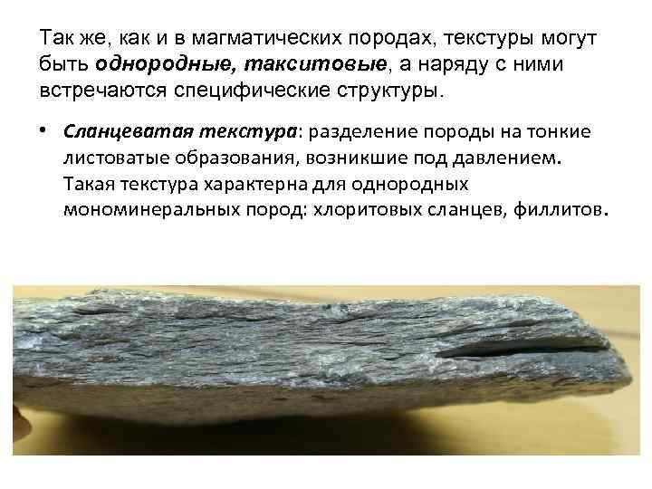 Так же, как и в магматических породах, текстуры могут быть однородные, такситовые, а наряду