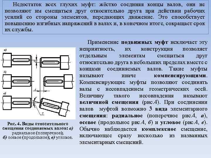 Недостаток всех глухих муфт: жёстко соединяя концы валов, они не позволяют им смещаться друг