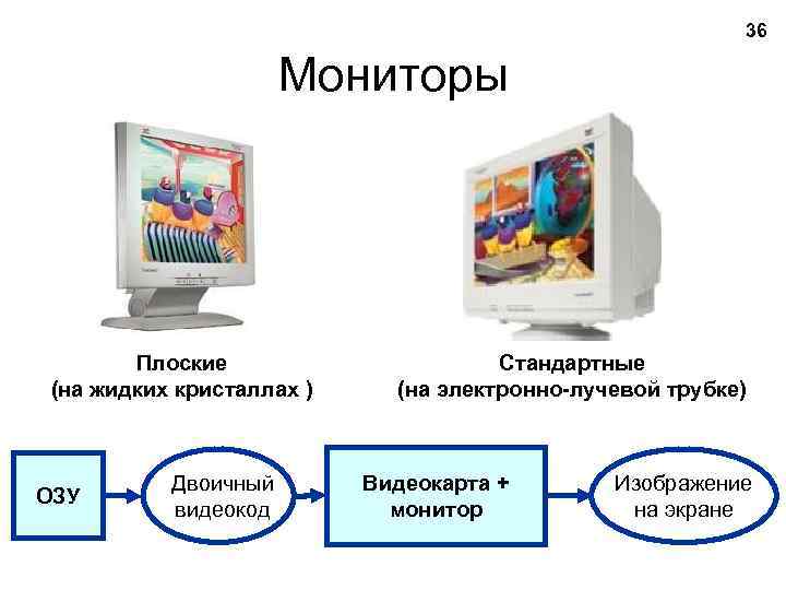 36 Мониторы Плоские (на жидких кристаллах ) ОЗУ Двоичный видеокод Стандартные (на электронно-лучевой трубке)