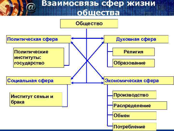 Взаимосвязь сфер жизни общества Общество Политическая сфера Политические институты: государство Социальная сфера Институт семьи
