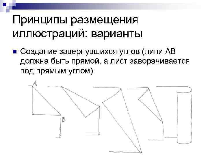 Принципы размещения иллюстраций: варианты n Создание завернувшихся углов (лини АВ должна быть прямой, а
