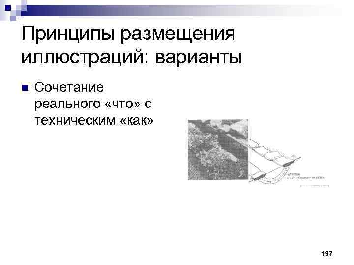 Принципы размещения иллюстраций: варианты n Сочетание реального «что» с техническим «как» 137 