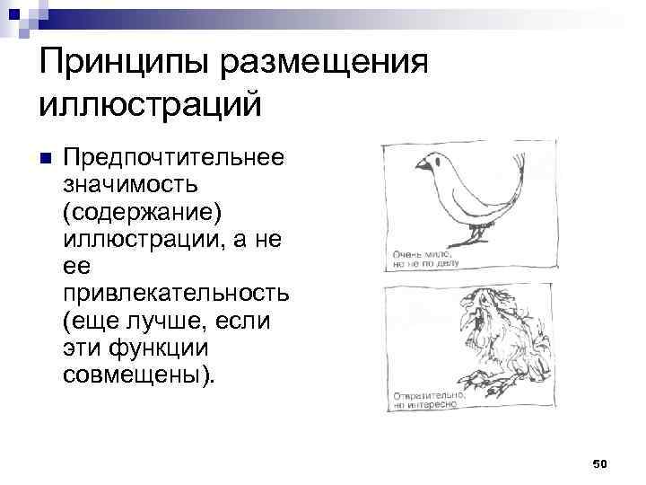 Принципы размещения иллюстраций n Предпочтительнее значимость (содержание) иллюстрации, а не ее привлекательность (еще лучше,