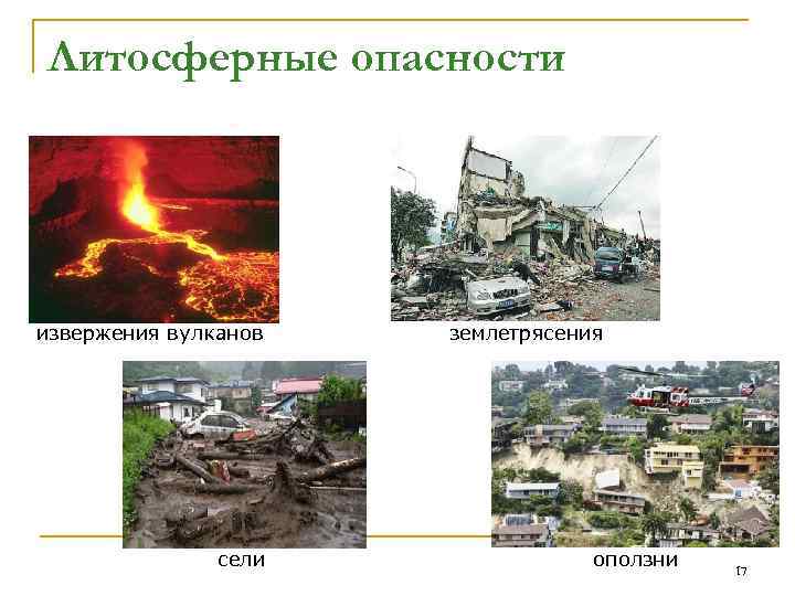 Литосферные опасности извержения вулканов сели землетрясения оползни 17 