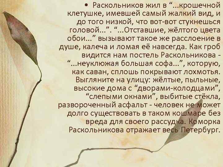  • Раскольников жил в “. . . крошечной клетушке, имевшей самый жалкий вид,