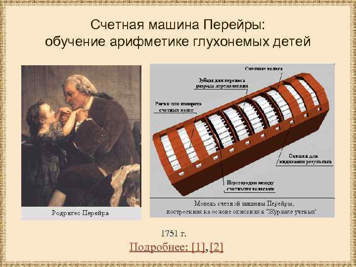 Счетная машина Перейры: обучение арифметике глухонемых детей 1751 г. Подробнее: [1], [2] 