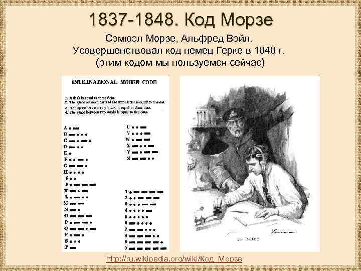 1837 -1848. Код Морзе Сэмюэл Морзе, Альфред Вэйл. Усовершенствовал код немец Герке в 1848