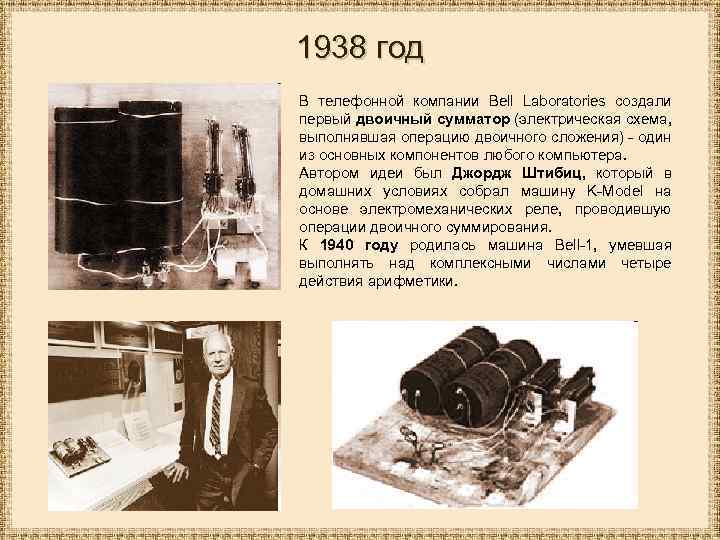 1938 год В телефонной компании Bell Laboratories создали первый двоичный сумматор (электрическая схема, выполнявшая