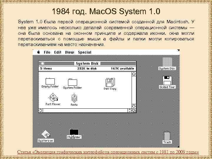 1984 год. Mac. OS System 1. 0 была первой операционной системой созданной для Macintosh.