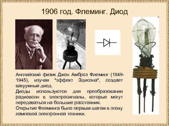 1906 год. Флеминг. Диод Английский физик Джон Амброз Флеминг (18491945), изучая 